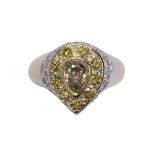 Diamond and 18k white gold ring featuring one light brown pear-shaped diamond weighing 0.92 ct.,