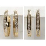 (Lot of 2) Pairs of diamond and 14k yellow gold hoop earrings comprised of one pair of 14k yellow