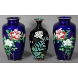 (lot of 3) Japanese cloisonne vases, consisting of a pair of ovoid cobalt blue vases with red and