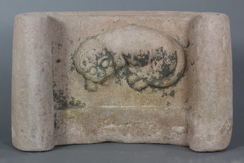Asian sculpture, of a recumbent fu-lion to the center, of a handscroll form plaque, 14.5"w - Image 2 of 2