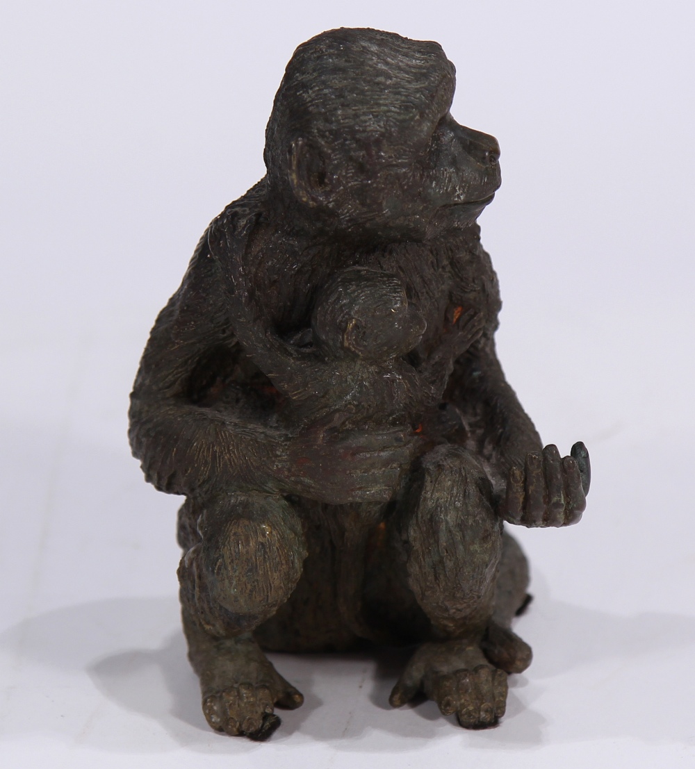 Austrian style patinated bronze figure of a monkey depicted carrying its young, 7.5"h - Image 2 of 5