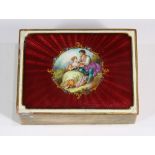 Austrian champleve decorated dresser box, the hinged top having a crimson ground flanking the