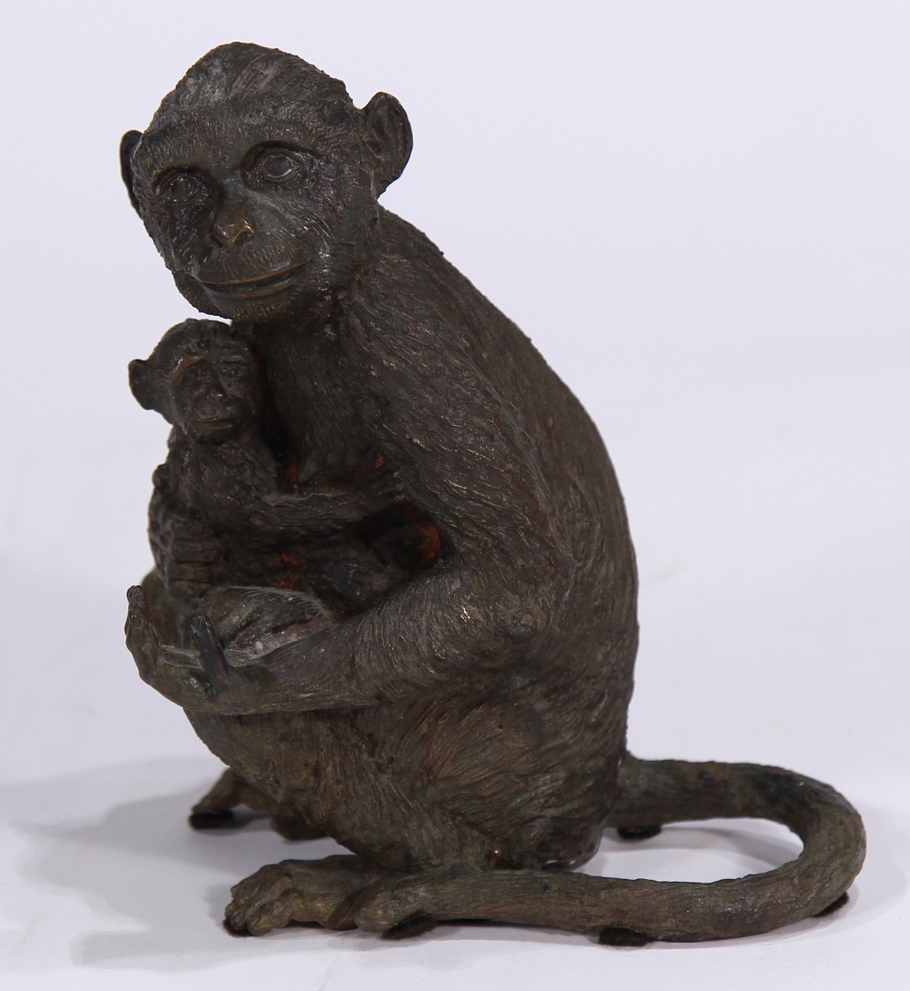 Austrian style patinated bronze figure of a monkey depicted carrying its young, 7.5"h