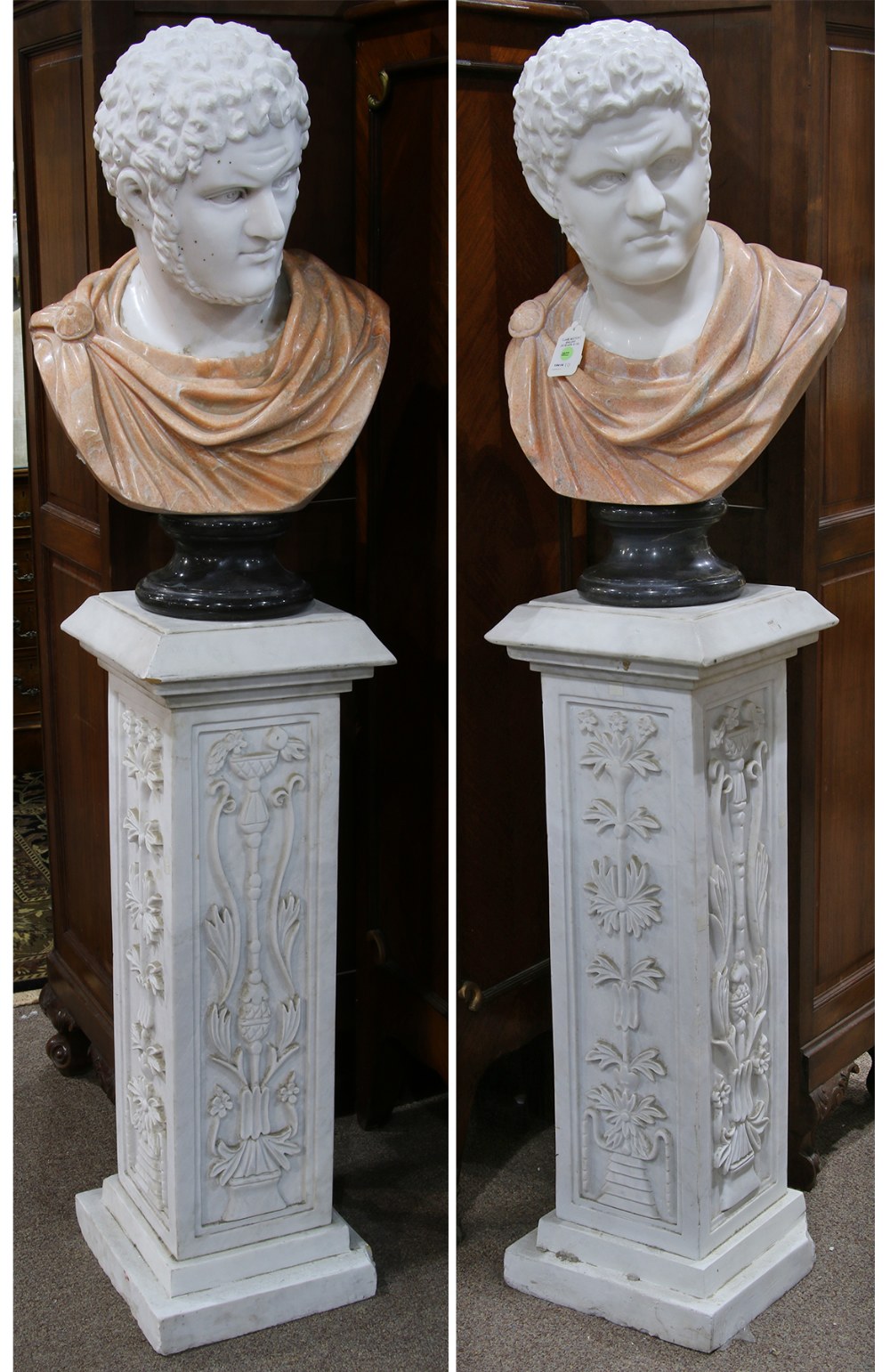 (lot of 4) Pair of Neo-Classical marble figural busts, each depicting a Grecian male in a sculpted