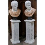 (lot of 4) Pair of Neo-Classical marble figural busts, each depicting a Grecian male in a sculpted