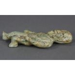 Olmec style decorative jadeite figure having an oddly bent leg, possibly made in La Venta Mexico,