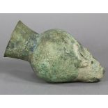 Middle Eastern antiquity bronze vessel with figural bull's head, 8"