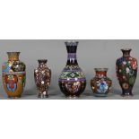 (lot of 5) Japanese cloisonne vases of various shapes and designs, including an ovoid body, a