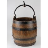 Wrought iron and wood plank well barrel, 14.5"h x 12"dia