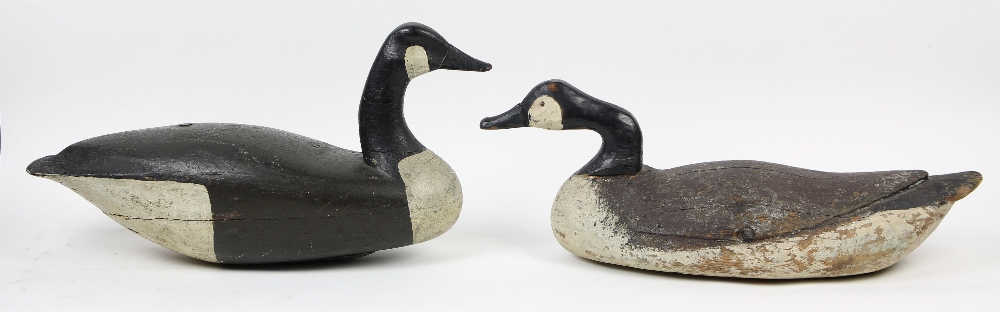 Pair of French polychrome carved wood decorative goose decoys, 19th century, each polychrome