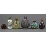 (lot of 6) Group of Chinese snuff bottles: the first, a lac burgaute bottle of flattened pear shape;