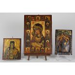 (lot of 3) Russian icons, executed on wood panel, with polychrome figural depictions of Madonna