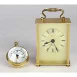 (lot of 2) Brass desk clock group, one having a compass form, another by Bulova, largest: 7.5"h