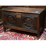 Continental relief carved blanket chest, 19th century, having a rectangular hinged top surmounting