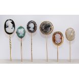 (Lot of 6) Agate Cameo and yellow gold stick pins comprised of one hardstone Roman soldier cameo,