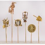 (Lot of 6) Diamond, paste, yellow gold and gold-filled mining stick pins comprised of one old