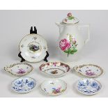 (Lot of 8) Meissen porcelain group, having floral sprays and gilt accents, consisting of a coffee