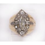 Diamond, platinum and 14k yellow gold ring centering (1) marquise shaped diamond, weighing