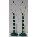 Pair of Moderne malachite table lamps, each having a single light above the cylindrical standard