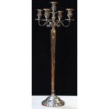 Moderne silver plate candelabra, having five lights, above scrolled arms surmounting a tapered