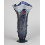 Iridescent art glass vase, having a ruffled rim above a tapering form, with purple and blue pulled