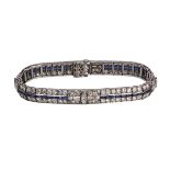 Art Deco diamond, sapphire and platinum bracelet featuring (4) older marquise-cut diamonds, weighing