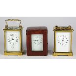 (lot of 3) French carriage clock group, each having a brass case with beveled glass panels, one