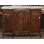 Louis XVI style fruitwood sideboard having a marble top, above the paneled four drawer case,