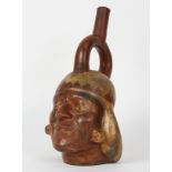 Pre-Columbian Northern Peru Moche III stirrup spout portrait vessel, c. 400-600 AD, depicting a lord