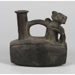 Pre-Columbian Chimu blackware spout vessel, 1100 to 1450 CE, featuring a rectangular prism body