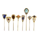 (Lot of 8) Art Nouveau multi-stone and 14k yellow gold stick pins comprised of one carnelian and