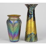 (lot of 2) Iridescent art glass vases, including a Lundberg Studios example of bulbous shouldered