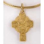 18k yellow gold pendant-necklace comprised of a textured, engraved Celtic cross, measuring