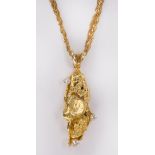 Diamond, gold nugget motif yellow gold necklace featuring (3) natural gold nuggets, accented by (