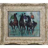 Denes De Holesch (Americn/Hungarian/Chinese, 1910-1983), "Group of Jockeys," oil on board, signed