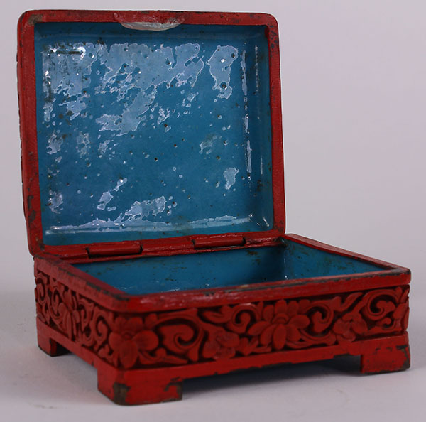 Chinese cinnabar lacquered metal box, the hinged lid with a monk in landscape, the side featuring - Image 6 of 7