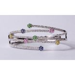 Multi-colored sapphire, tsavorite, diamond and 14k white gold bracelet featuring (42) round-cut