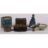 (lot of 6) Group of Chinese decorative items, consisting of three boxes with various stone inlay; an