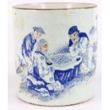 Chinese enameled porcelain brush pot, of cylindrical form decorated with two scholars playing