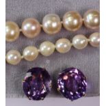 (Lot of 3) Amethyst, cultured pearl and 14k yellow gold jewelry comprised of one pair of earrings