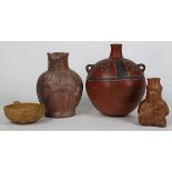 (lot of 4) Pre-Columbian vessels including a figural example, a vase with a stylized figure of a