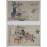 (lot of 4) Chinese scrolls: the first, upper one with lotus, gold fish and flowers in the vase,