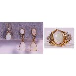 (Lot of 3) Opal, diamond and gold jewelry comprised of one oval opal cabochon, diamond and 14k