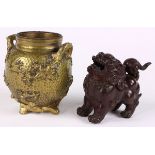 (lot of 2) Japanese censers: patinated bronze karajishi shaped censer; another with molded birds and