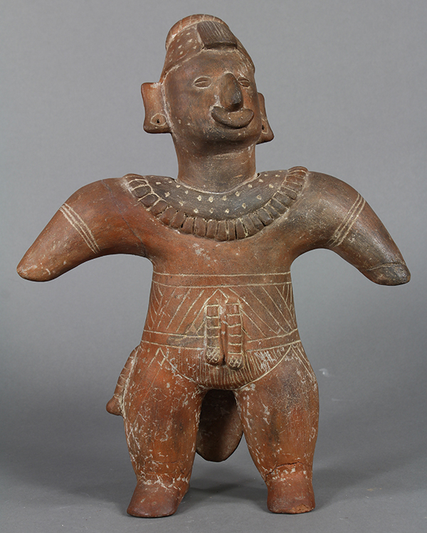 Colima style, West Mexico standing clay figure, 20th century, carved with stylized features, 13"h