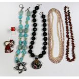 (Lot of 6) Multi-stone bead necklaces and sterling silver jewelry comprised of one red enameled
