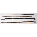 (lot of 4) Vintage walking stick group consisting of two bamboo, knotted wood, and figural examples;
