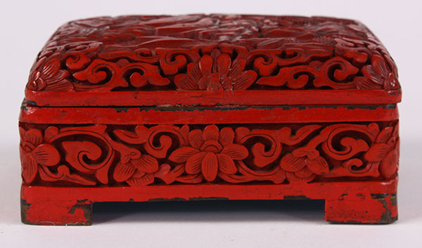 Chinese cinnabar lacquered metal box, the hinged lid with a monk in landscape, the side featuring - Image 5 of 7