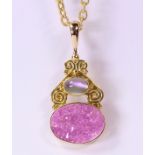 Drusy tourmaline, moonstone, yellow gold pendant-necklace featuring an oval drusy tourmaline,