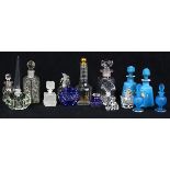 (Lot of 15) Crystal perfume bottles, including a cut example by Baccarat, blue satin glass decanters
